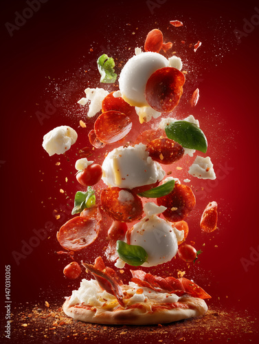 explosion of deconstructed Pepperoni pizza, with ingredients floating in the air, Pepperoni, mozzarella, soft burrata, tomato couli, basil, olive oil, pizza base