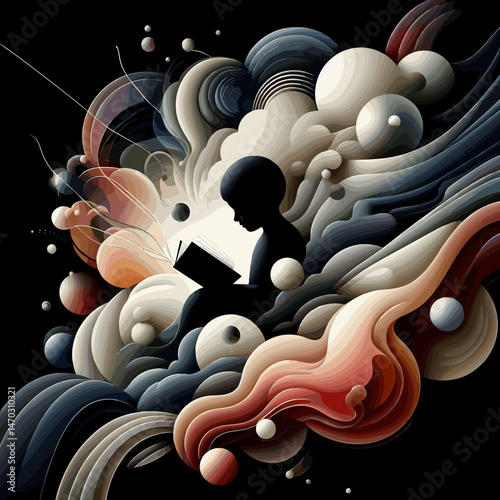 Child reading a book immersed in a flow of colorful abstract shapes and dreamy elements