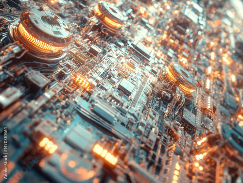 Ultra-realistic 3D close-up of futuristic microchips, extreme nanotechnology details, glowing electric blue circuitry with neon yellow pulses, photorealistic metallic surfaces, cinematic reflections 