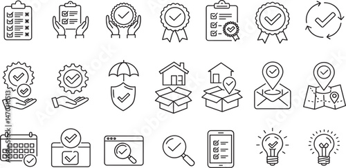 Check mark related editable stroke outline icons set isolated on white background flat vector illustration.