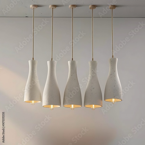 Five Beautiful and Modern White Pendant Lights Hang Down from the Ceiling Decorating Room