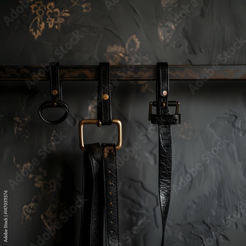 A stylish brown leather belt casually hangs on a minimal metal clothing rack.