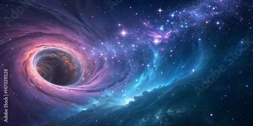 Cosmic black hole and nebula in deep space galaxy starfield vortex space exploration celestial background