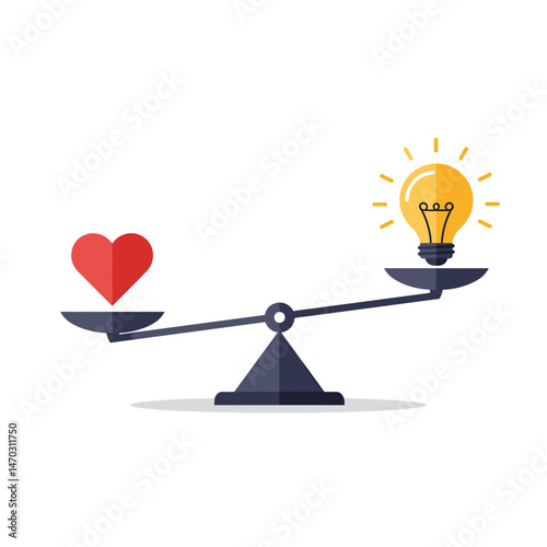 The concept of scales with balancing heart and light bulb, suitable for articles about psychology, love, mental health, personal growth, idea coming from the heart