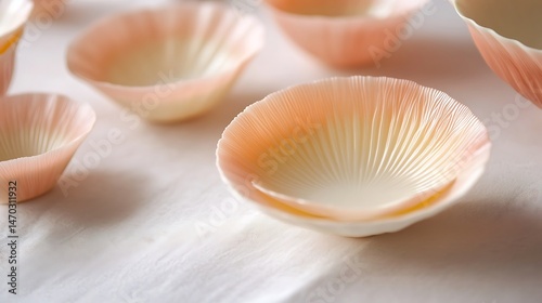Peach Shell Bowls with White Fabric.