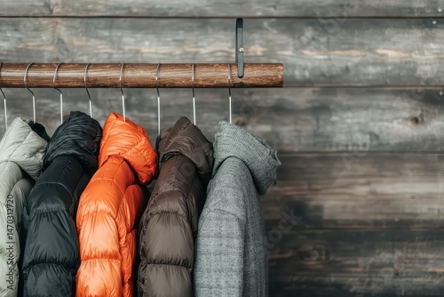 Winter jackets and coats in various colors hang neatly on a wooden rack against a rustic wooden wall.