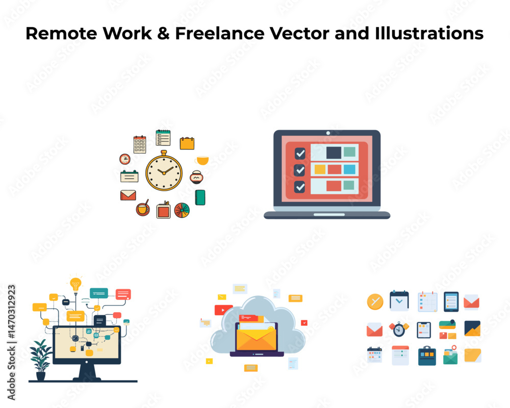 Remote Work and Freelance Vector Set – Task Planner, Cloud Storage, Email, Time Management Icons Remote Work and Freelance Vector Set – Task Planner, Cloud Storage, Email, Time Management Icons
