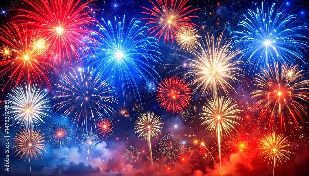 Naklejka premium Vibrant night sky filled with red, white, and blue fireworks bursting above a city skyline, glowing stars and sparkles, fireworks over the river, fireworks in the night sky