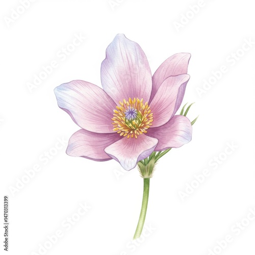 Delicate Pink and Purple Pasqueflower Watercolor Painting