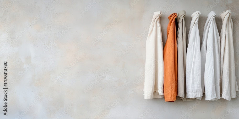 Fototapeta premium Six shirts, mostly white with one orange, hang neatly on a wall against a neutral background.