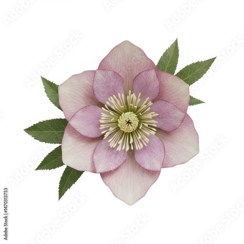 Pink Hellebore Flower with Green Leaves on White Background