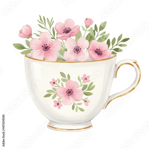 Pink Watercolor Flowers in Vintage Teacup