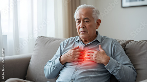 Asian Old Sick Man Having Chest Pain Feel Suffer From Heart Attack Sitting On Sofa