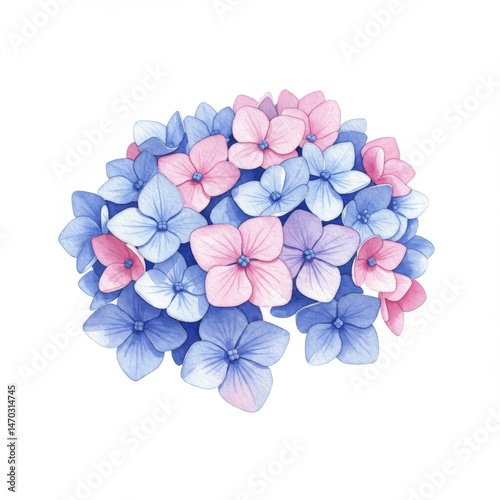 Pastel Pink and Blue Hydrangea Blooms Watercolor Illustration
