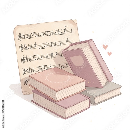 Pastel Book Stack with Vintage Sheet Music Illustration
