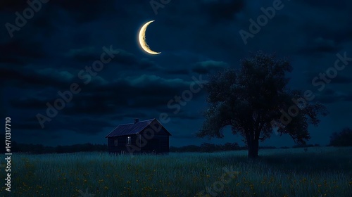 A Serene Night Scene Featuring a Crescent Moon and a Rural Landscape Setting
