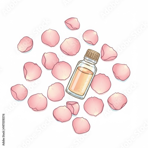 Pink Rose Petals and Essential Oil Bottle Illustration