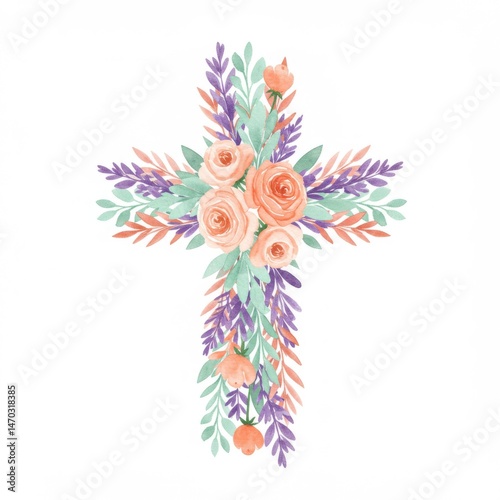 Watercolor Floral Cross with Peach Roses and Lavender