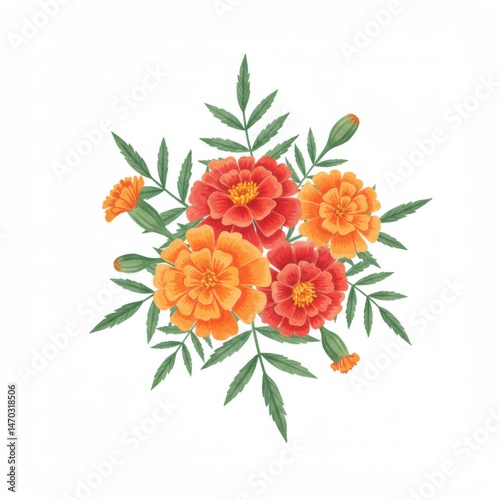 Orange and Red Marigold Flower Bouquet Illustration