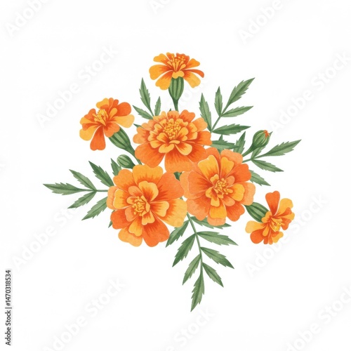 Orange Marigold Flower Bouquet on White Background