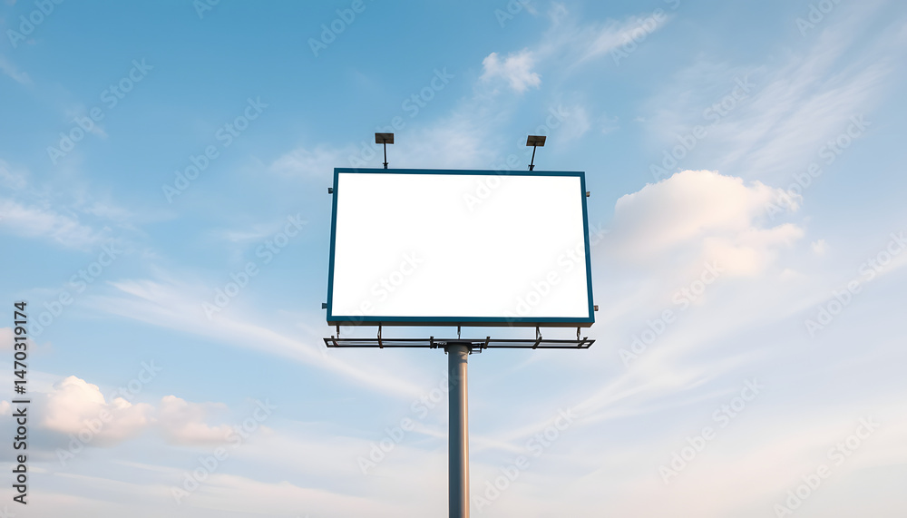 Outdoor pole billboard with mock up white screen on blue sky background with clipping path, dreamy atmosphere. White tone Outdoor pole billboard with mock up white screen on blue sky background with clipping path, dreamy atmosphere. White tone