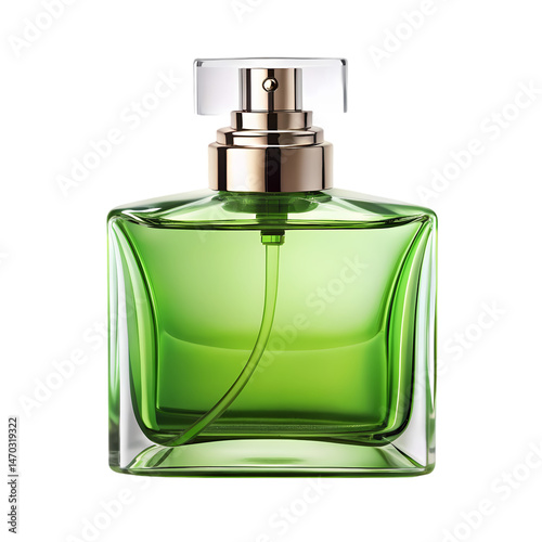Green Perfume Bottle Elegant Fragrance Packaging on Transparent background