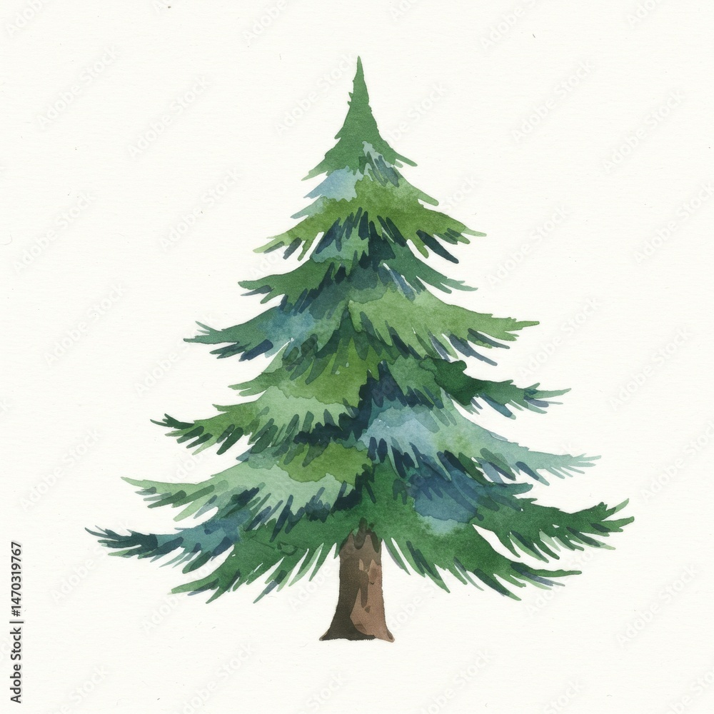 Obraz premium Watercolor Painting of a Green Pine Tree on White