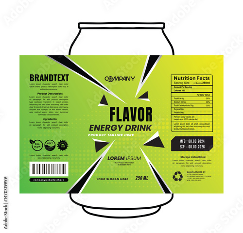 Bold energy drink label with gradient green and yellow design, modern typography, and dynamic cut shapes for a sporty beverage look, fitness and gym branding.