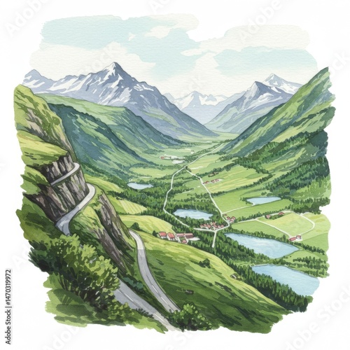 Serene Watercolor Painting of Alpine Valley