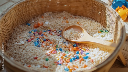 Colorful sensory play items in a wooden basket.  Small, various-colored, and shaped objects mixed with light-beige grains, placed inside a shallow, round woven basket. 