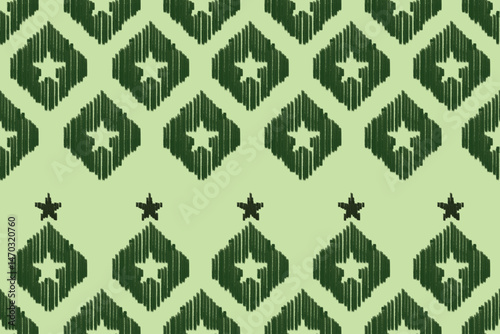A repeating abstract star pattern in shades of green, evoking a textured, possibly hand-drawn or ikat-inspired textile design. The stylized stars are contained within diamond-like shapes, creating a v