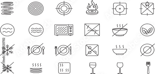 Cookware and tableware features. Non stick coating, food safe, eco, stackable and other editable stroke outline icons set isolated on white background flat vector illustration.