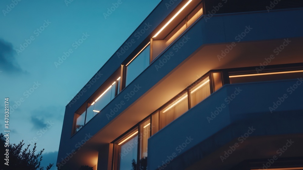 Obraz premium Modern building at dusk, lit windows