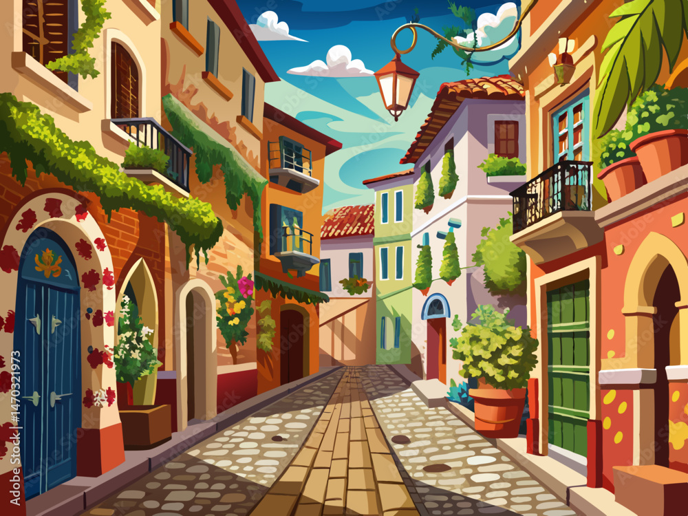 Obraz premium vector of Old city, street, wall paper and wall painting. Wallpaper on the wall.
