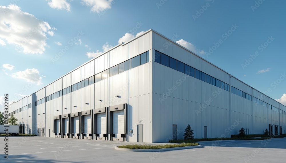 © miss irine - Modern warehouse building exterior with loading docks, parking lot under blue sky. Commercial building, logistics, storage, industrial architecture, modern design, cargo transport, distribution