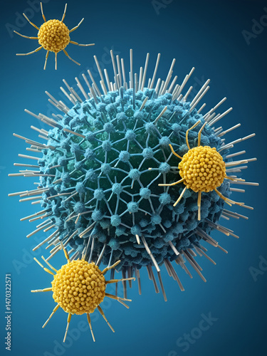 3d rendering of Apigenin molecule and chikungunya virus. Apigenin was evaluated for cytotoxicity and antiviral properties for the Chikungunya virus