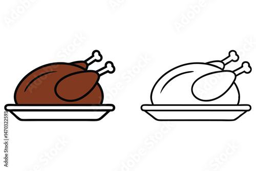 Two cartoon roast turkeys on plates are shown in both brown and outline forms
