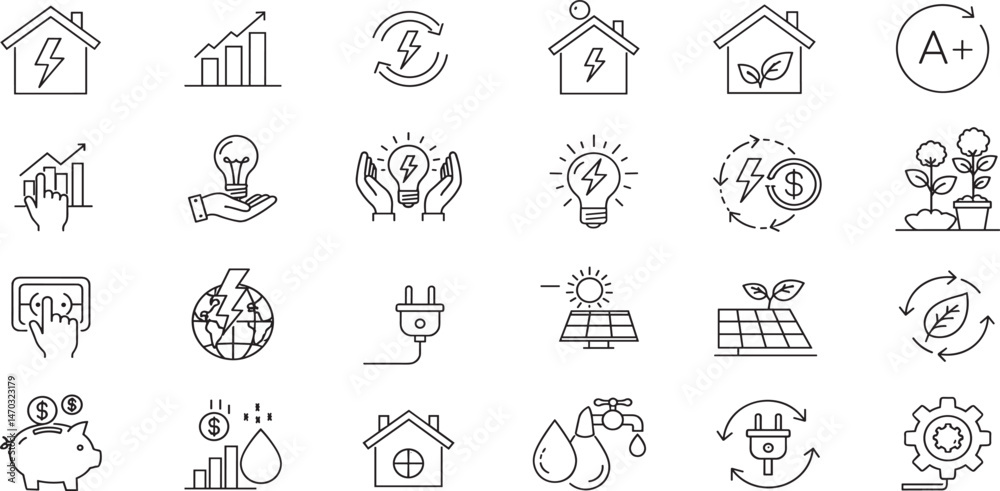 Energy saving and efficiency editable stroke outline icons set isolated on white background flat vector illustration. Energy saving and efficiency editable stroke outline icons set isolated on white background flat vector illustration.