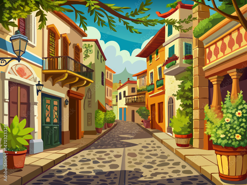Obraz premium vector of Old city, street, wall paper and wall painting. Wallpaper on the wall.