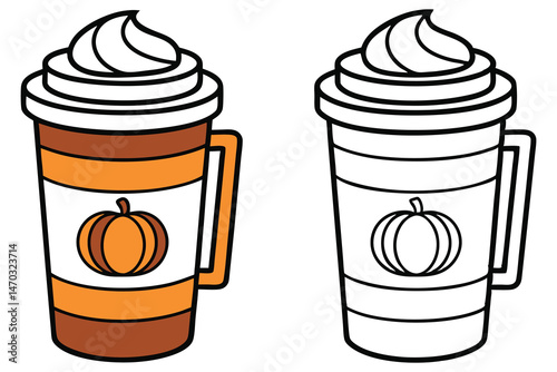 Two cups of stylized pumpkin spice latte artfully showcase a fall harvest season theme