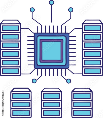 Blue chip processes data and connects through networks on a transparent background clearly