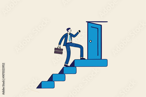 Open new opportunity door, career development or business decision for new challenge, success and achievement secret concept, businessman reaching top of stairway open bright light opportunity door.