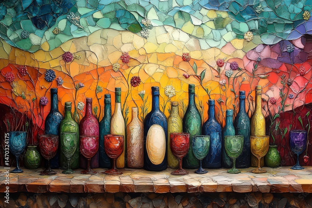 Fototapeta premium Colorful Celebration of Freedom During Passover Featuring Vibrant Bottles and Fruits in a Joyful Display