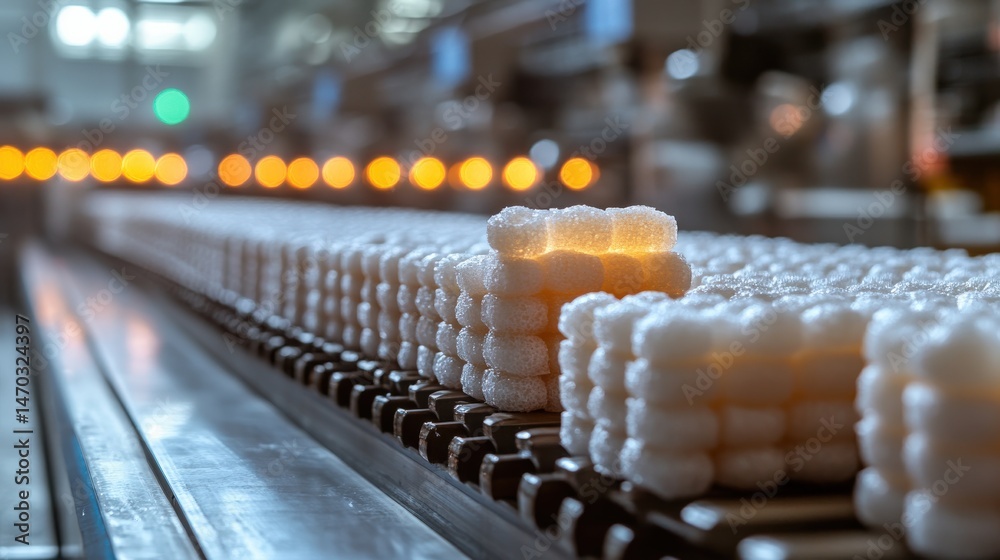 Fototapeta premium Close up view of confectionery production line displaying white sugar cubes on conveyor belt
