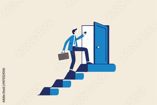 Open new opportunity door, career development or business decision for new challenge, success and achievement secret concept, businessman reaching top of stairway open bright light opportunity door.