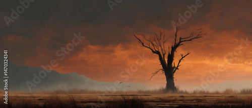 a single lonely tree in the desert in sunset golden hour illustration