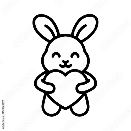 Adorable Line Art Bunny Holding a Heart with Closed Eyes. coloring page 