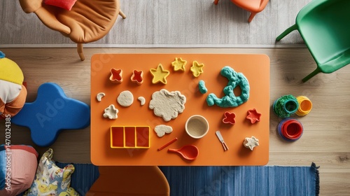 Playful sensory table scene, filled with colorful play dough and cookie cutters,  surrounded by child-friendly furniture