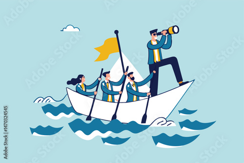 Leadership to lead business in crisis, teamwork or support to achieve target, vision or forward strategy for success concept, businessman leader with binoculars lead business team sailing origami ship