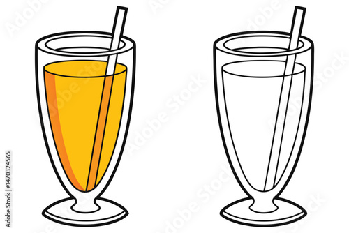 One glass holds orange liquid with straw and another glass remains blank